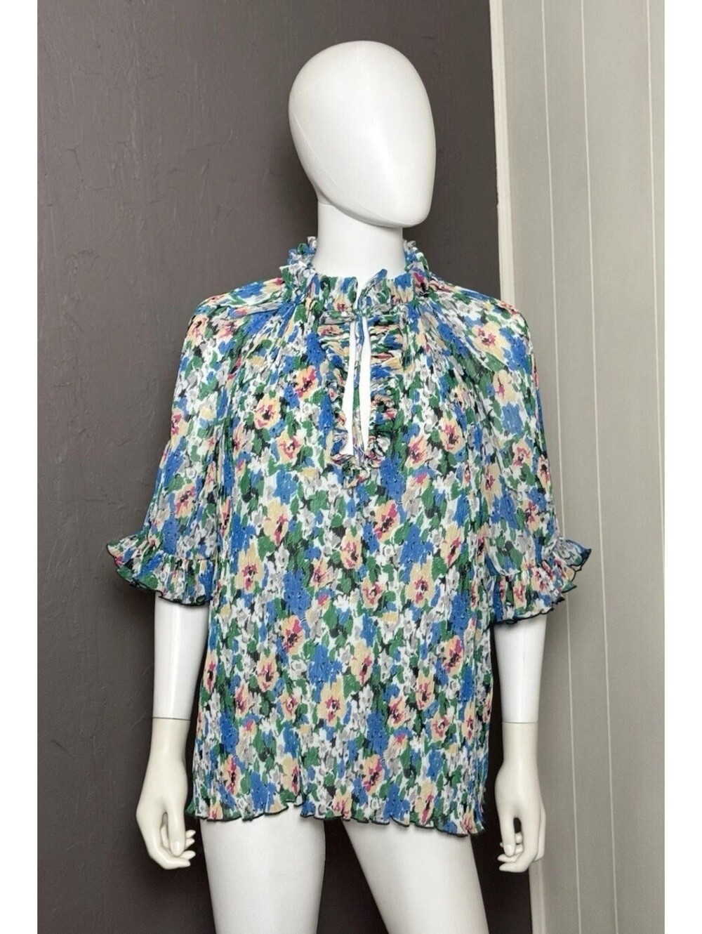 Ganni Women's Blue Floral Pleated Georgette Blouse Top M/L